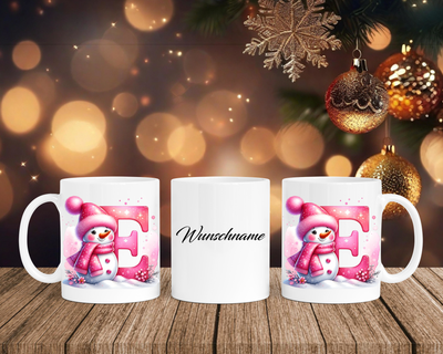 Personalisierte Keramik-Tasse in Weiß-mit Schneemann Rosa-Alphabet & Namen