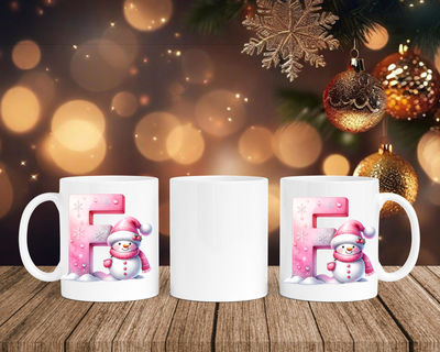 Personalisierte Keramik-Tasse in Weiß-mit Schneemann Rosa-Alphabet & Namen