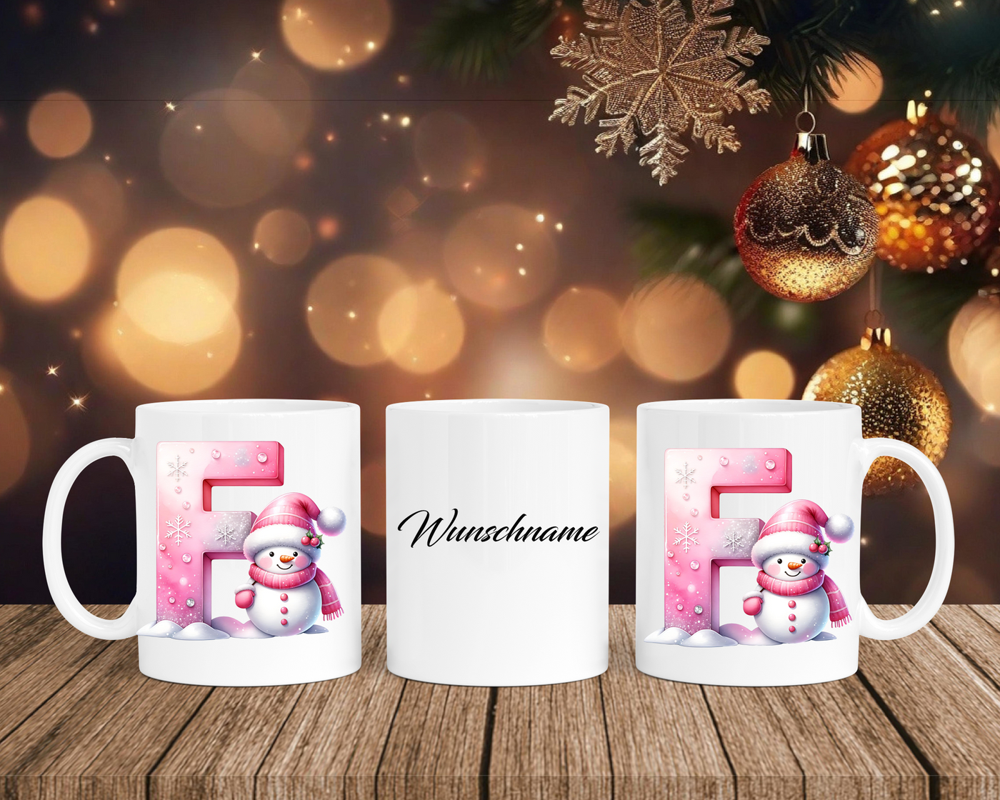 Personalisierte Keramik-Tasse in Weiß-mit Schneemann Rosa-Alphabet & Namen