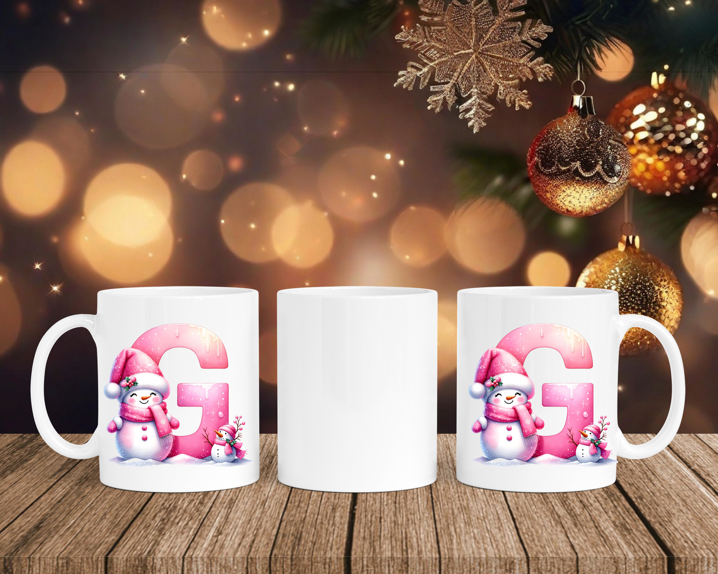Personalisierte Keramik-Tasse in Weiß-mit Schneemann Rosa-Alphabet & Namen