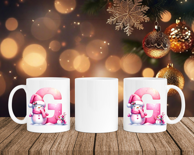 Personalisierte Keramik-Tasse in Weiß-mit Schneemann Rosa-Alphabet & Namen