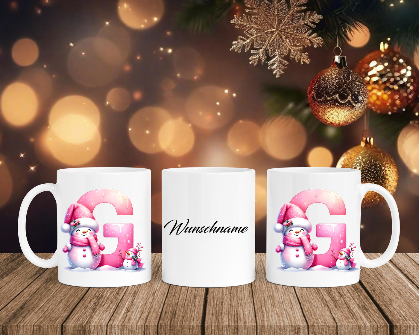 Personalisierte Keramik-Tasse in Weiß-mit Schneemann Rosa-Alphabet & Namen