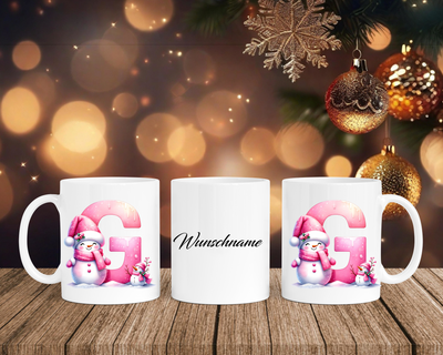 Personalisierte Keramik-Tasse in Weiß-mit Schneemann Rosa-Alphabet & Namen