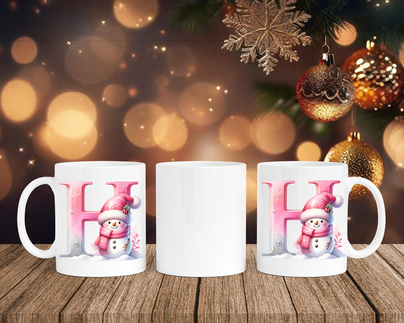 Personalisierte Keramik-Tasse in Weiß-mit Schneemann Rosa-Alphabet & Namen