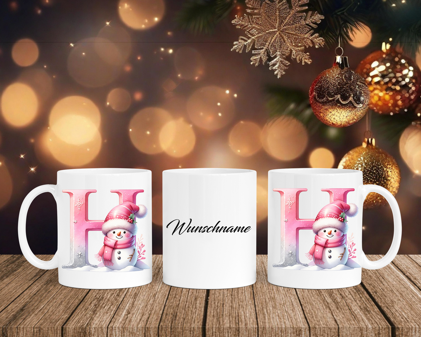 Personalisierte Keramik-Tasse in Weiß-mit Schneemann Rosa-Alphabet & Namen