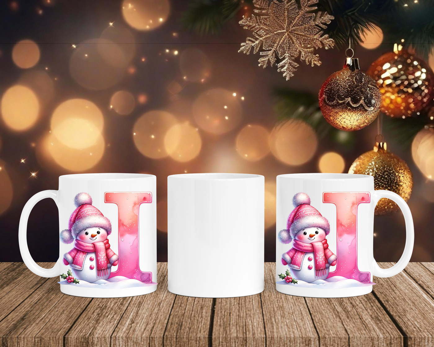 Personalisierte Keramik-Tasse in Weiß-mit Schneemann Rosa-Alphabet & Namen