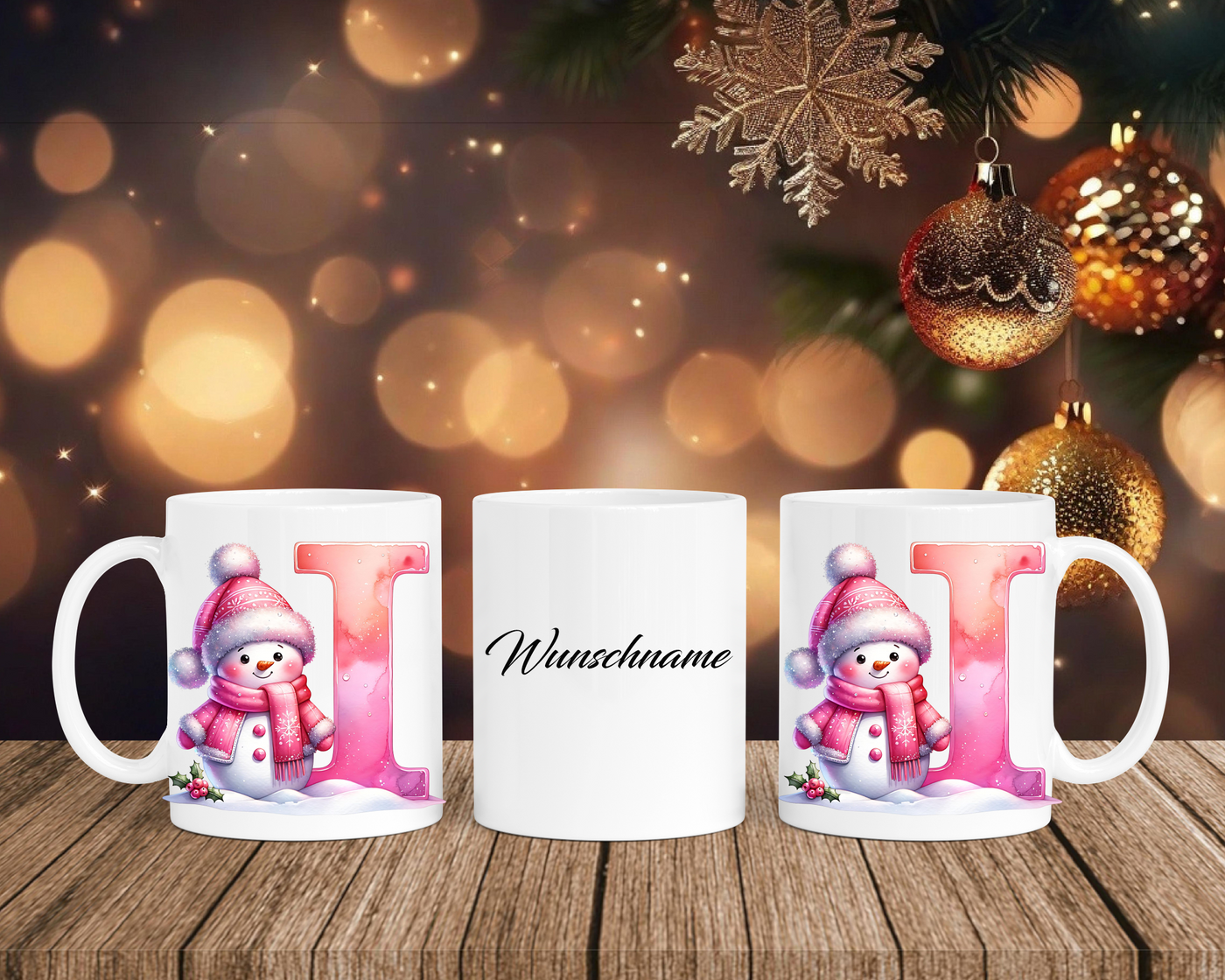 Personalisierte Keramik-Tasse in Weiß-mit Schneemann Rosa-Alphabet & Namen