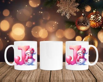 Personalisierte Keramik-Tasse in Weiß-mit Schneemann Rosa-Alphabet & Namen