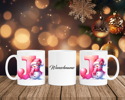 Personalisierte Keramik-Tasse in Weiß-mit Schneemann Rosa-Alphabet & Namen