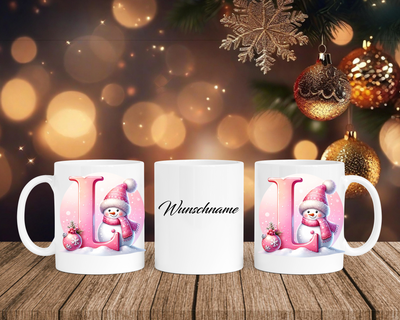 Personalisierte Keramik-Tasse in Weiß-mit Schneemann Rosa-Alphabet & Namen