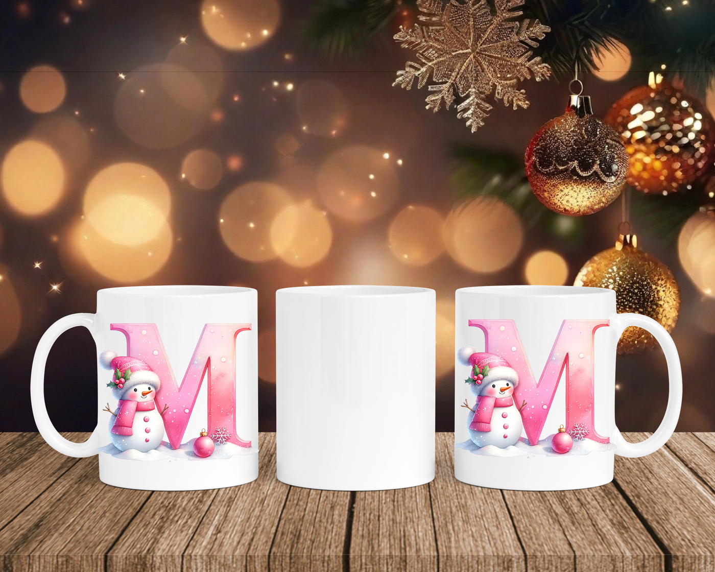 Personalisierte Keramik-Tasse in Weiß-mit Schneemann Rosa-Alphabet & Namen