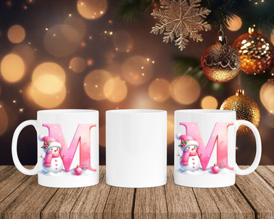 Personalisierte Keramik-Tasse in Weiß-mit Schneemann Rosa-Alphabet & Namen