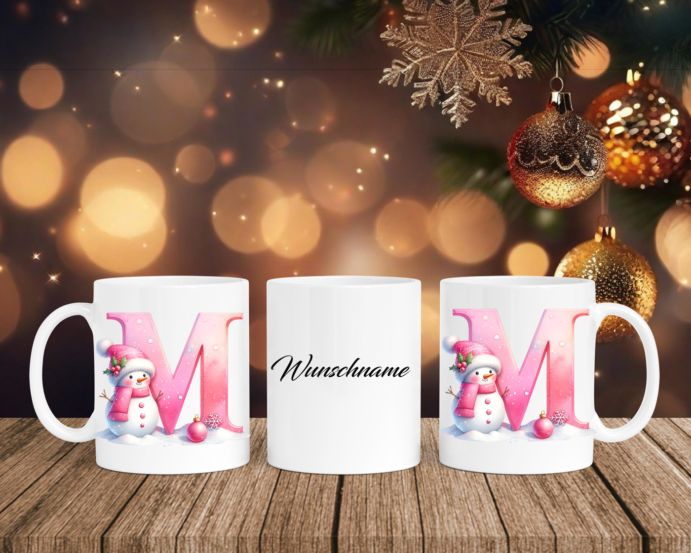 Personalisierte Keramik-Tasse in Weiß-mit Schneemann Rosa-Alphabet & Namen