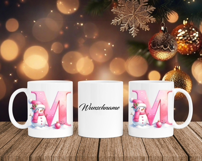 Personalisierte Keramik-Tasse in Weiß-mit Schneemann Rosa-Alphabet & Namen