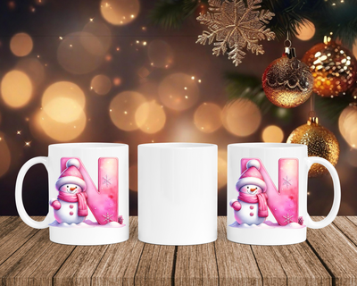 Personalisierte Keramik-Tasse in Weiß-mit Schneemann Rosa-Alphabet & Namen