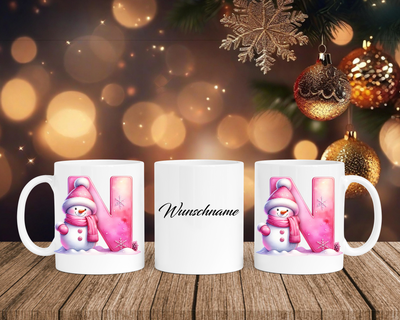 Personalisierte Keramik-Tasse in Weiß-mit Schneemann Rosa-Alphabet & Namen