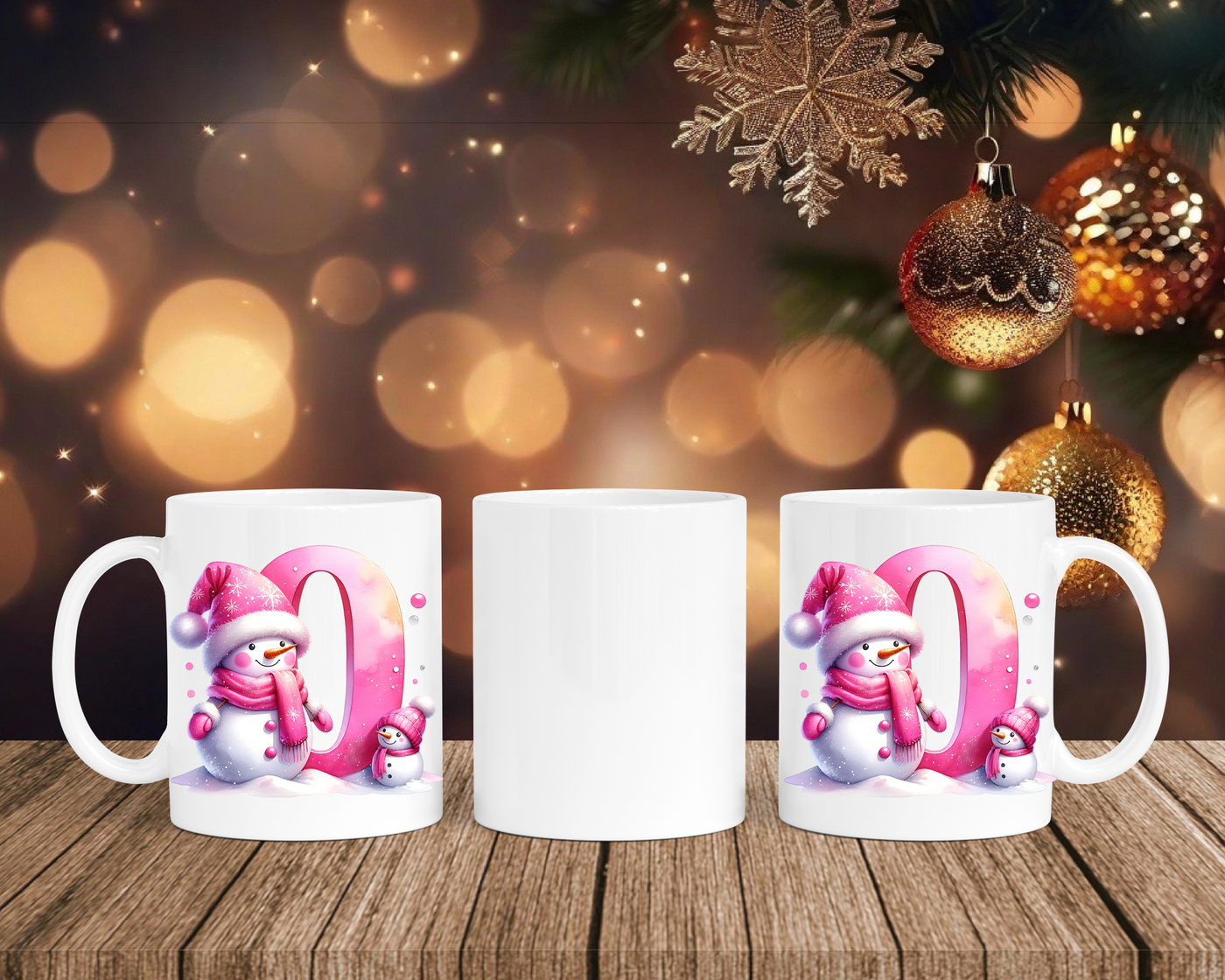 Personalisierte Keramik-Tasse in Weiß-mit Schneemann Rosa-Alphabet & Namen