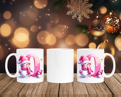 Personalisierte Keramik-Tasse in Weiß-mit Schneemann Rosa-Alphabet & Namen