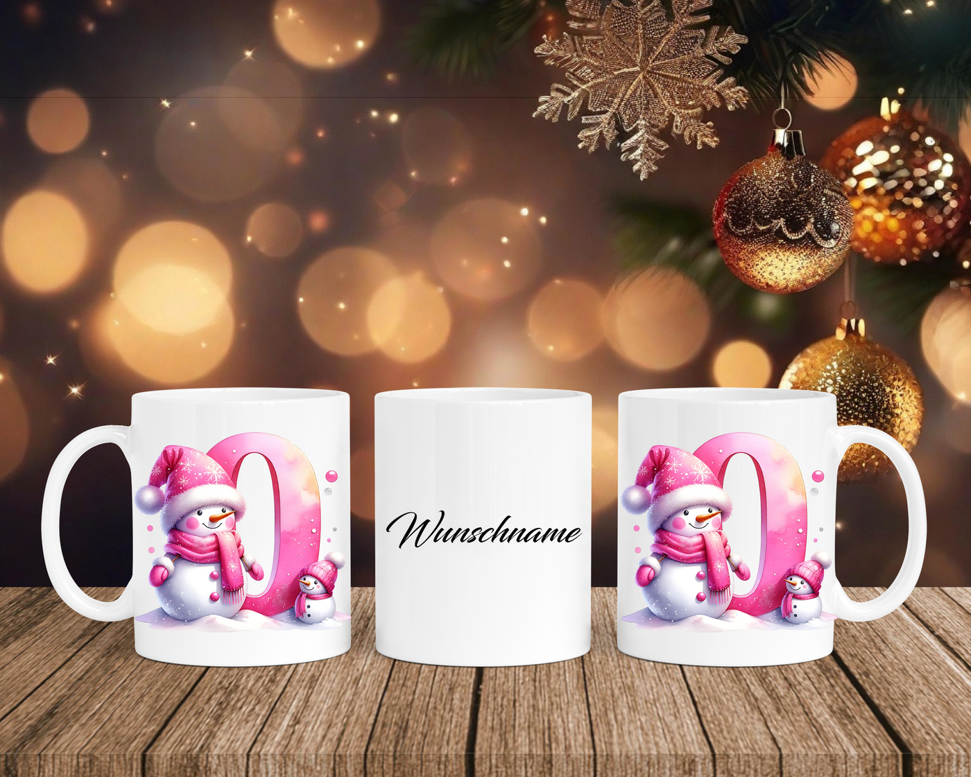 Personalisierte Keramik-Tasse in Weiß-mit Schneemann Rosa-Alphabet & Namen