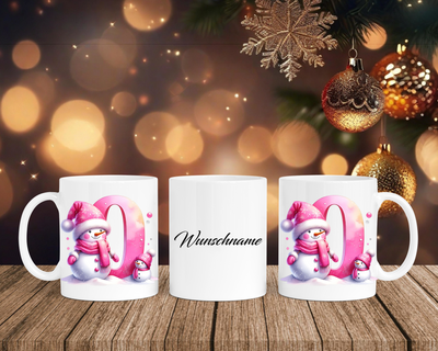 Personalisierte Keramik-Tasse in Weiß-mit Schneemann Rosa-Alphabet & Namen