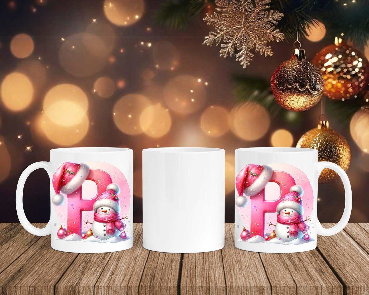 Personalisierte Keramik-Tasse in Weiß-mit Schneemann Rosa-Alphabet & Namen