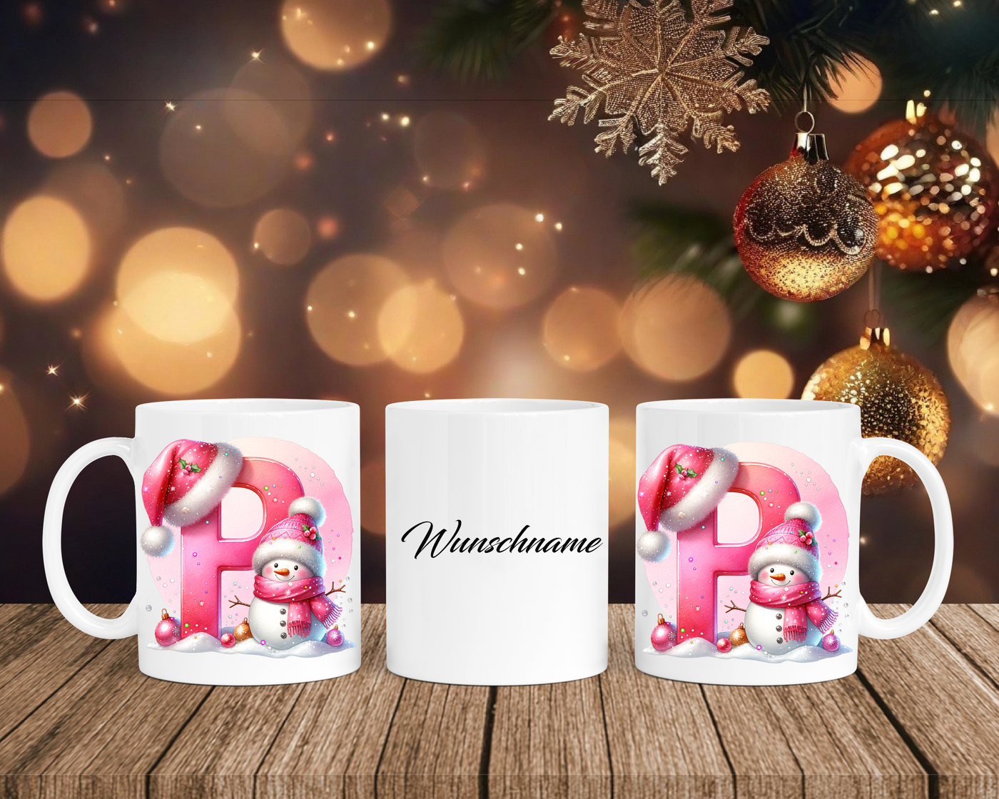 Personalisierte Keramik-Tasse in Weiß-mit Schneemann Rosa-Alphabet & Namen