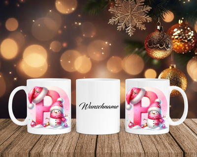 Personalisierte Keramik-Tasse in Weiß-mit Schneemann Rosa-Alphabet & Namen