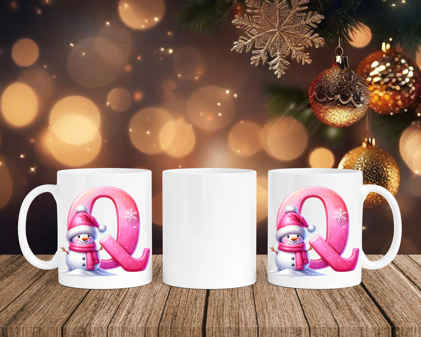 Personalisierte Keramik-Tasse in Weiß-mit Schneemann Rosa-Alphabet & Namen