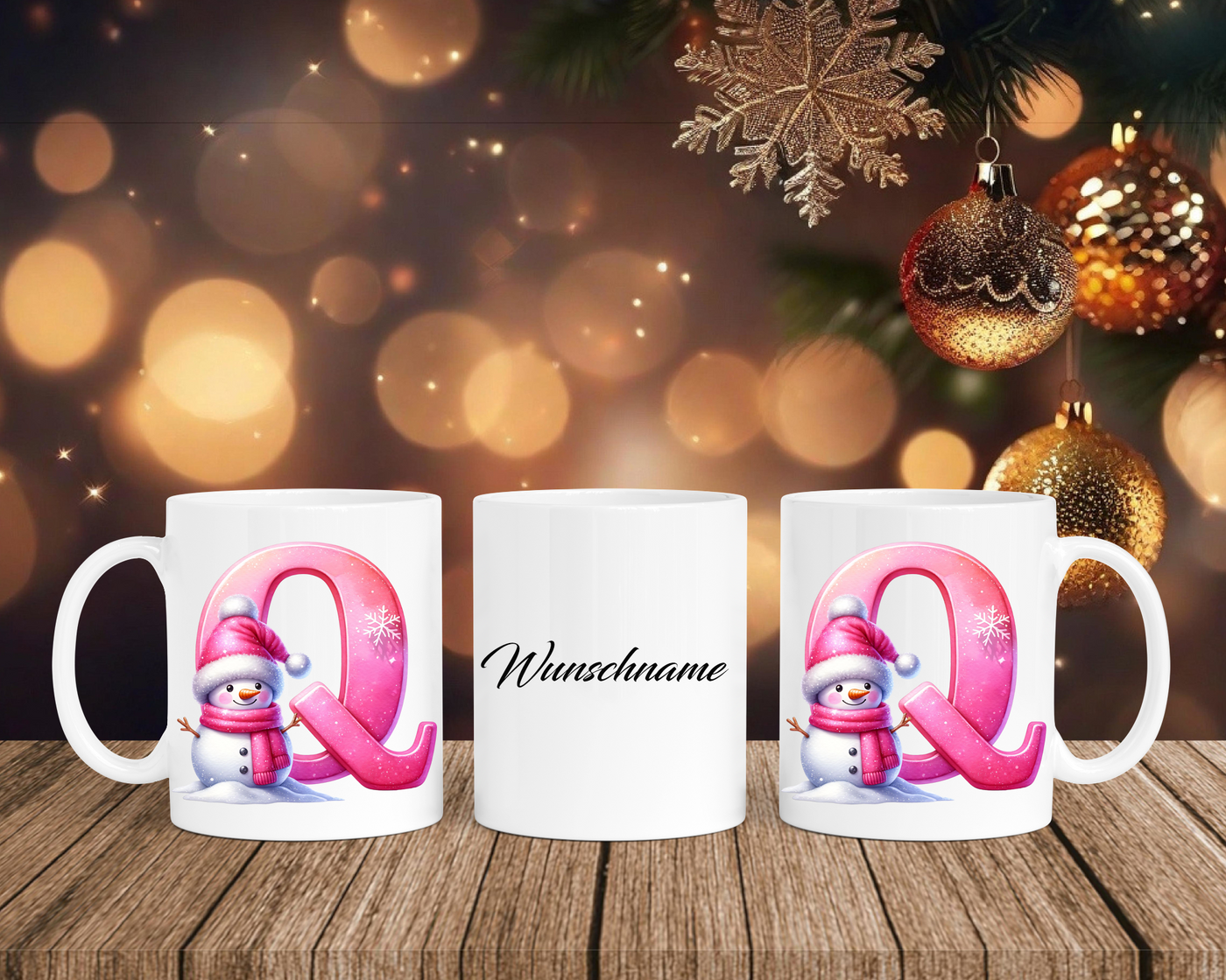 Personalisierte Keramik-Tasse in Weiß-mit Schneemann Rosa-Alphabet & Namen