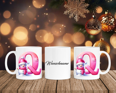 Personalisierte Keramik-Tasse in Weiß-mit Schneemann Rosa-Alphabet & Namen