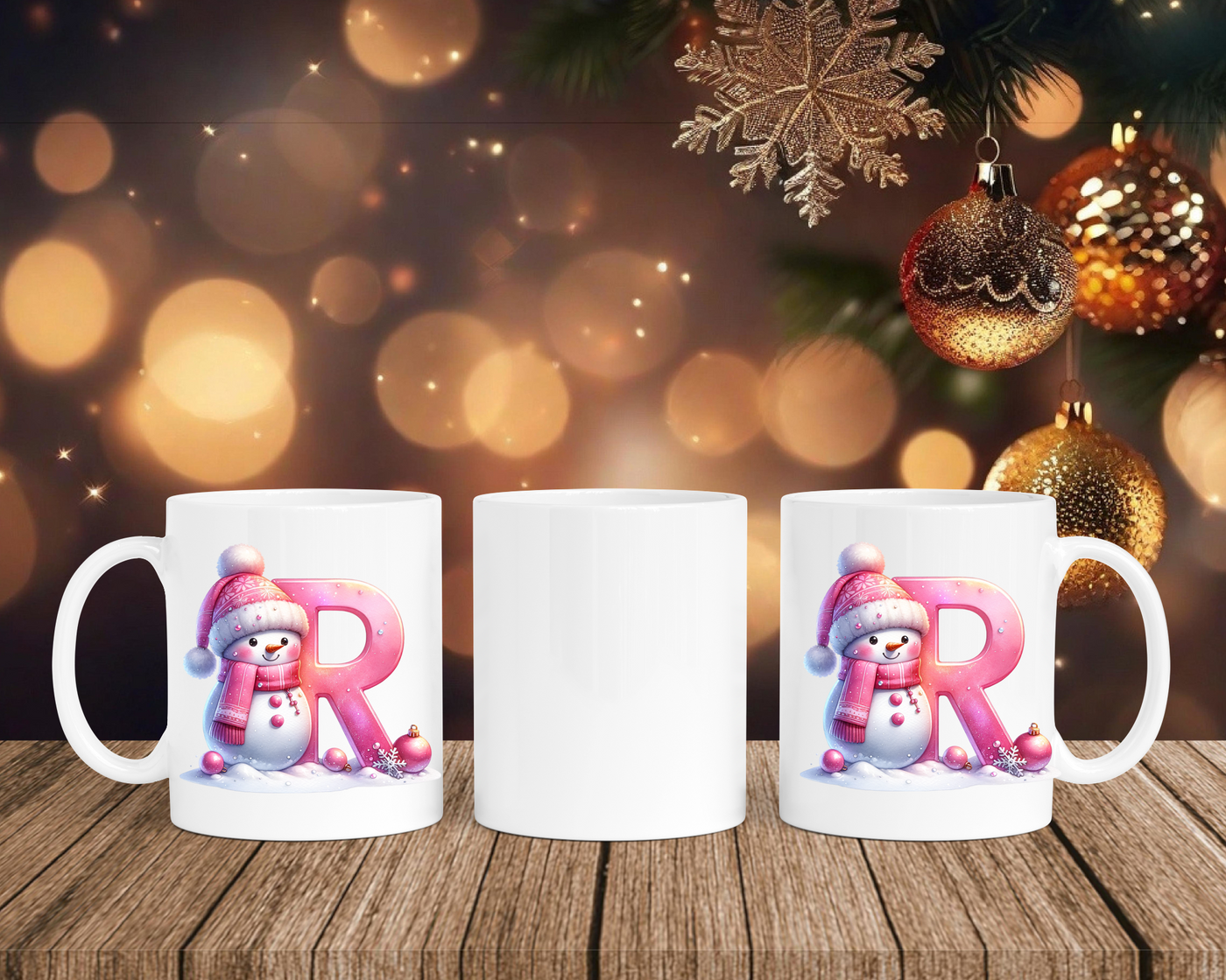 Personalisierte Keramik-Tasse in Weiß-mit Schneemann Rosa-Alphabet & Namen