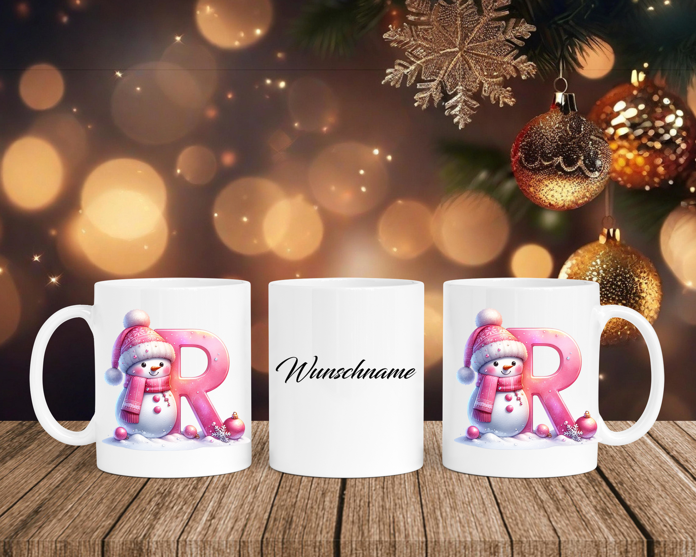 Personalisierte Keramik-Tasse in Weiß-mit Schneemann Rosa-Alphabet & Namen