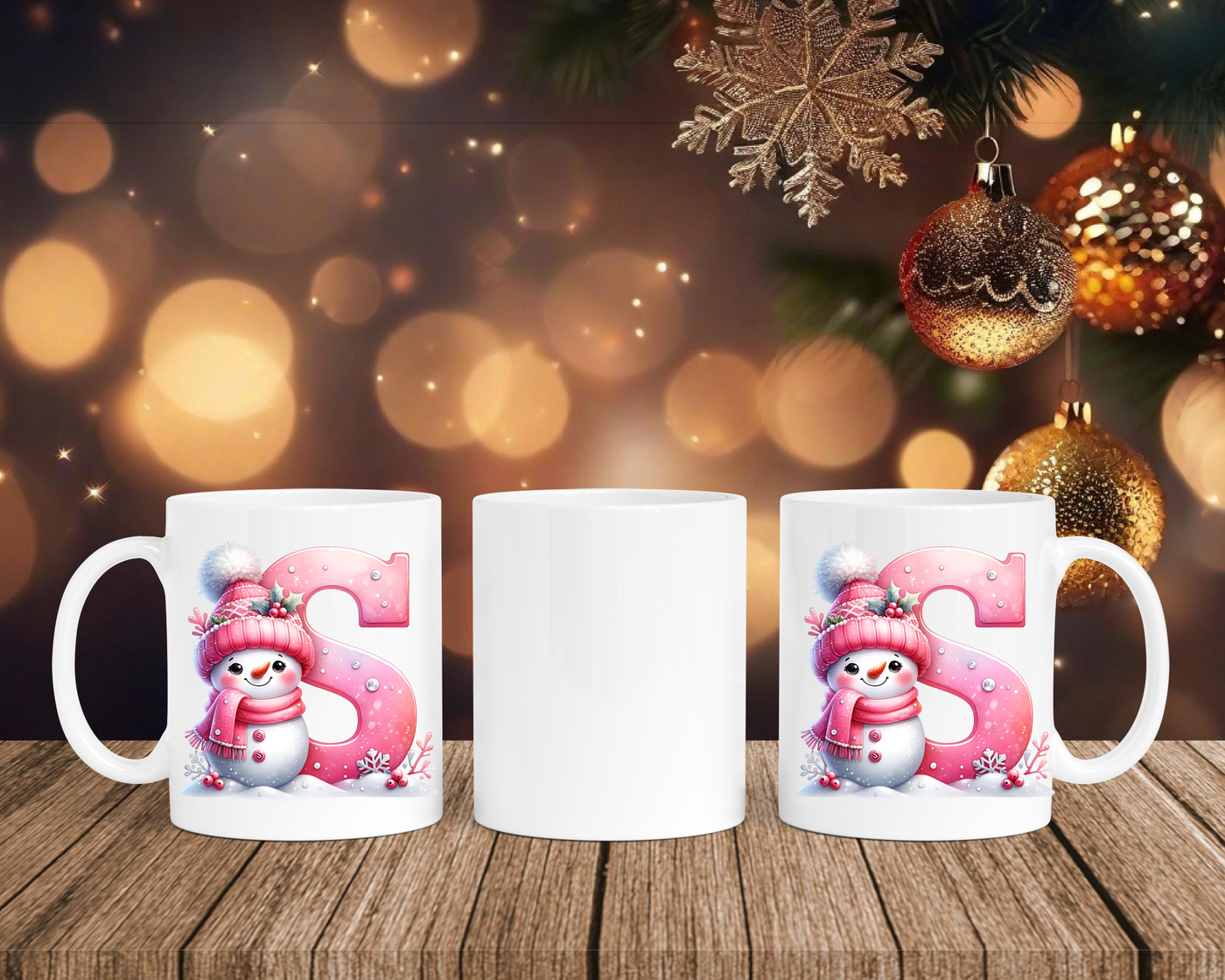 Personalisierte Keramik-Tasse in Weiß-mit Schneemann Rosa-Alphabet & Namen