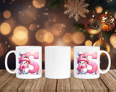 Personalisierte Keramik-Tasse in Weiß-mit Schneemann Rosa-Alphabet & Namen
