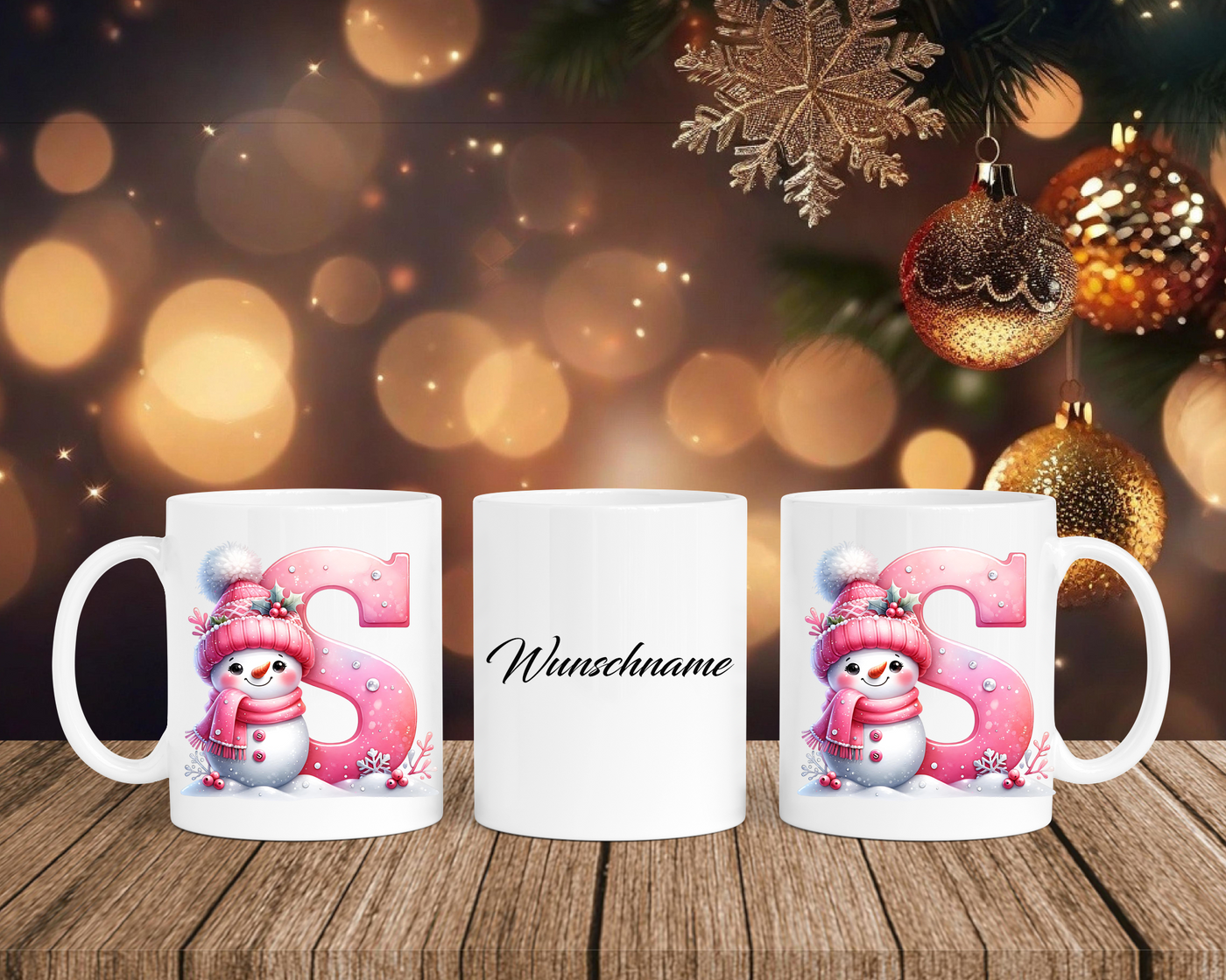 Personalisierte Keramik-Tasse in Weiß-mit Schneemann Rosa-Alphabet & Namen