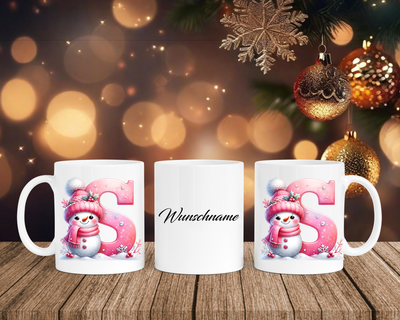 Personalisierte Keramik-Tasse in Weiß-mit Schneemann Rosa-Alphabet & Namen