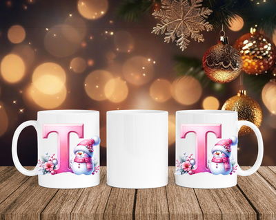 Personalisierte Keramik-Tasse in Weiß-mit Schneemann Rosa-Alphabet & Namen