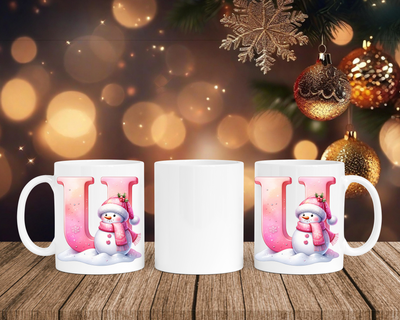 Personalisierte Keramik-Tasse in Weiß-mit Schneemann Rosa-Alphabet & Namen