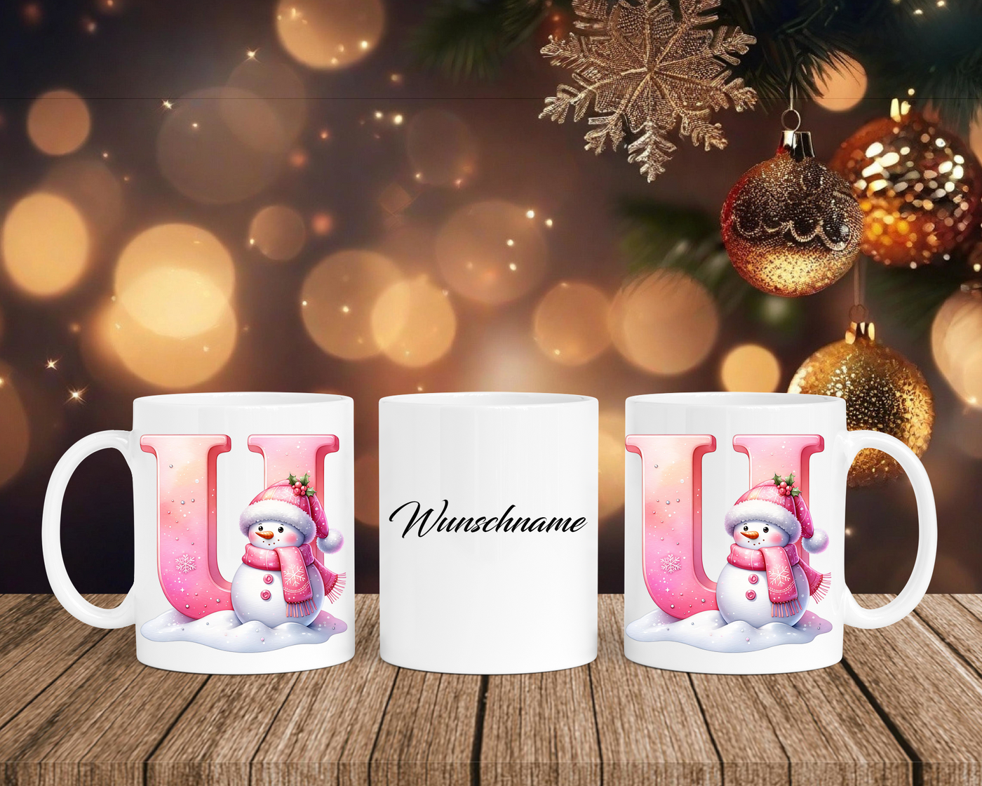 Personalisierte Keramik-Tasse in Weiß-mit Schneemann Rosa-Alphabet & Namen
