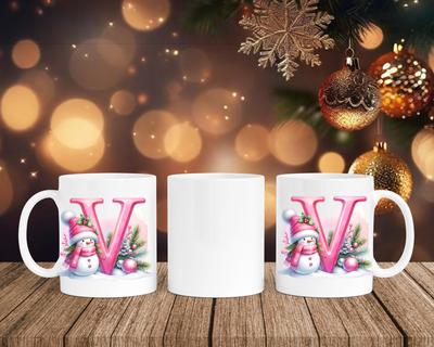 Personalisierte Keramik-Tasse in Weiß-mit Schneemann Rosa-Alphabet & Namen