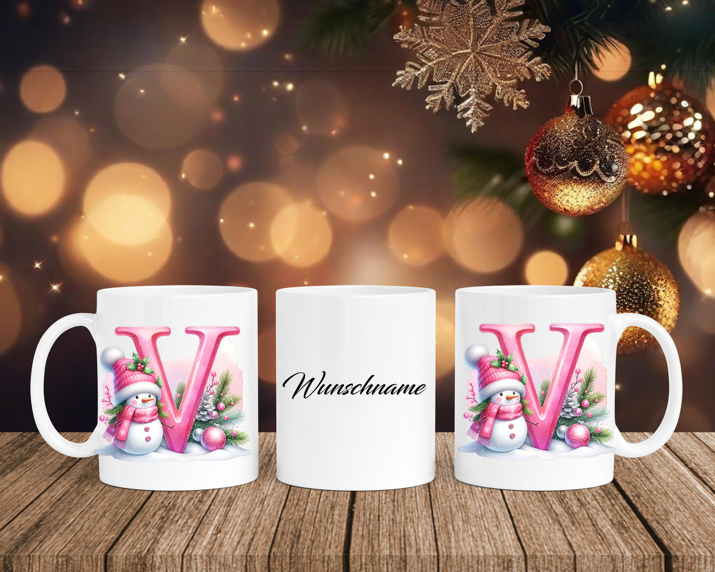 Personalisierte Keramik-Tasse in Weiß-mit Schneemann Rosa-Alphabet & Namen