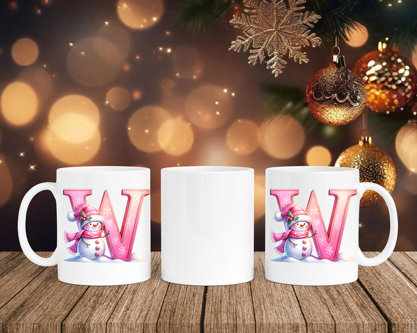 Personalisierte Keramik-Tasse in Weiß-mit Schneemann Rosa-Alphabet & Namen