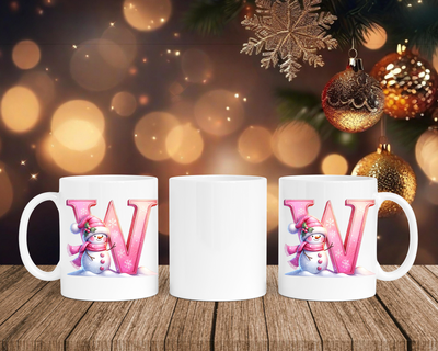Personalisierte Keramik-Tasse in Weiß-mit Schneemann Rosa-Alphabet & Namen