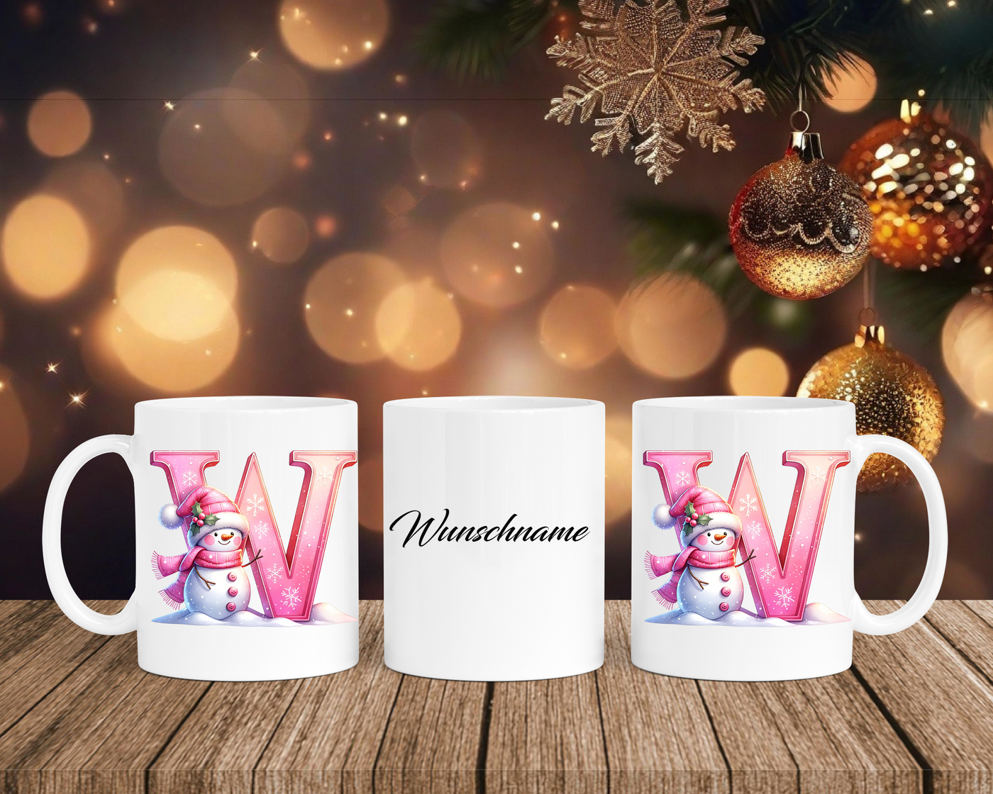 Personalisierte Keramik-Tasse in Weiß-mit Schneemann Rosa-Alphabet & Namen