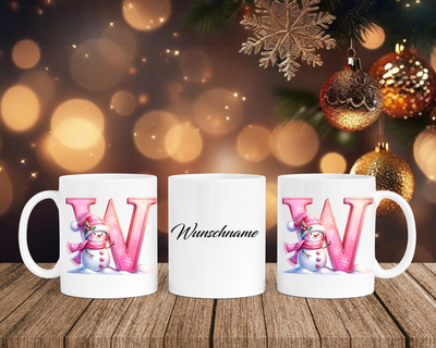 Personalisierte Keramik-Tasse in Weiß-mit Schneemann Rosa-Alphabet & Namen