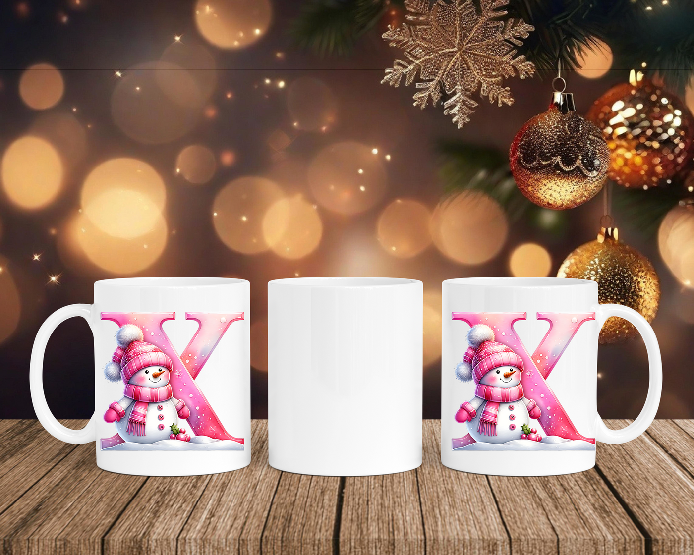 Personalisierte Keramik-Tasse in Weiß-mit Schneemann Rosa-Alphabet & Namen