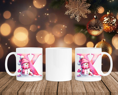 Personalisierte Keramik-Tasse in Weiß-mit Schneemann Rosa-Alphabet & Namen