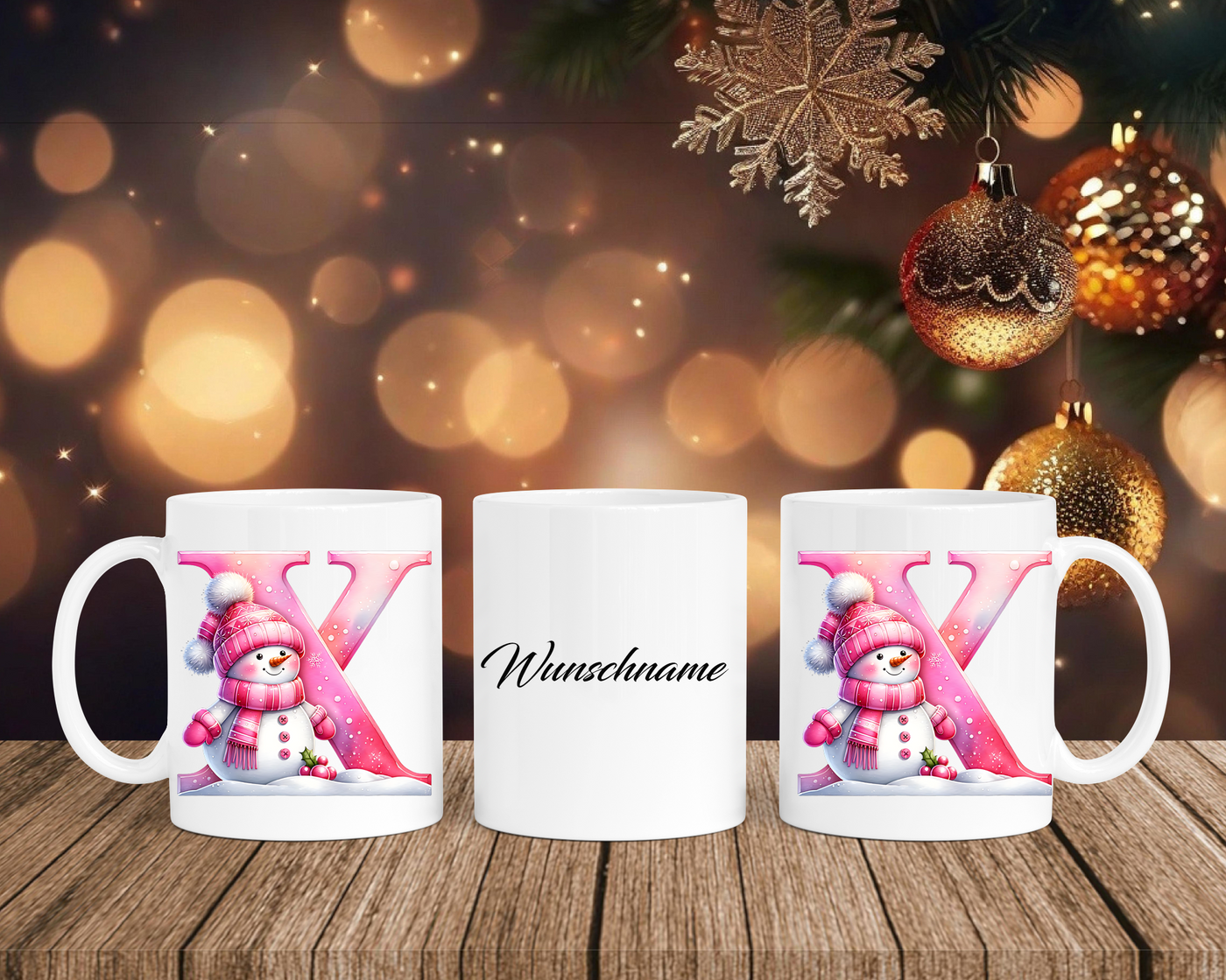 Personalisierte Keramik-Tasse in Weiß-mit Schneemann Rosa-Alphabet & Namen
