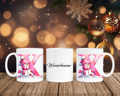 Personalisierte Keramik-Tasse in Weiß-mit Schneemann Rosa-Alphabet & Namen