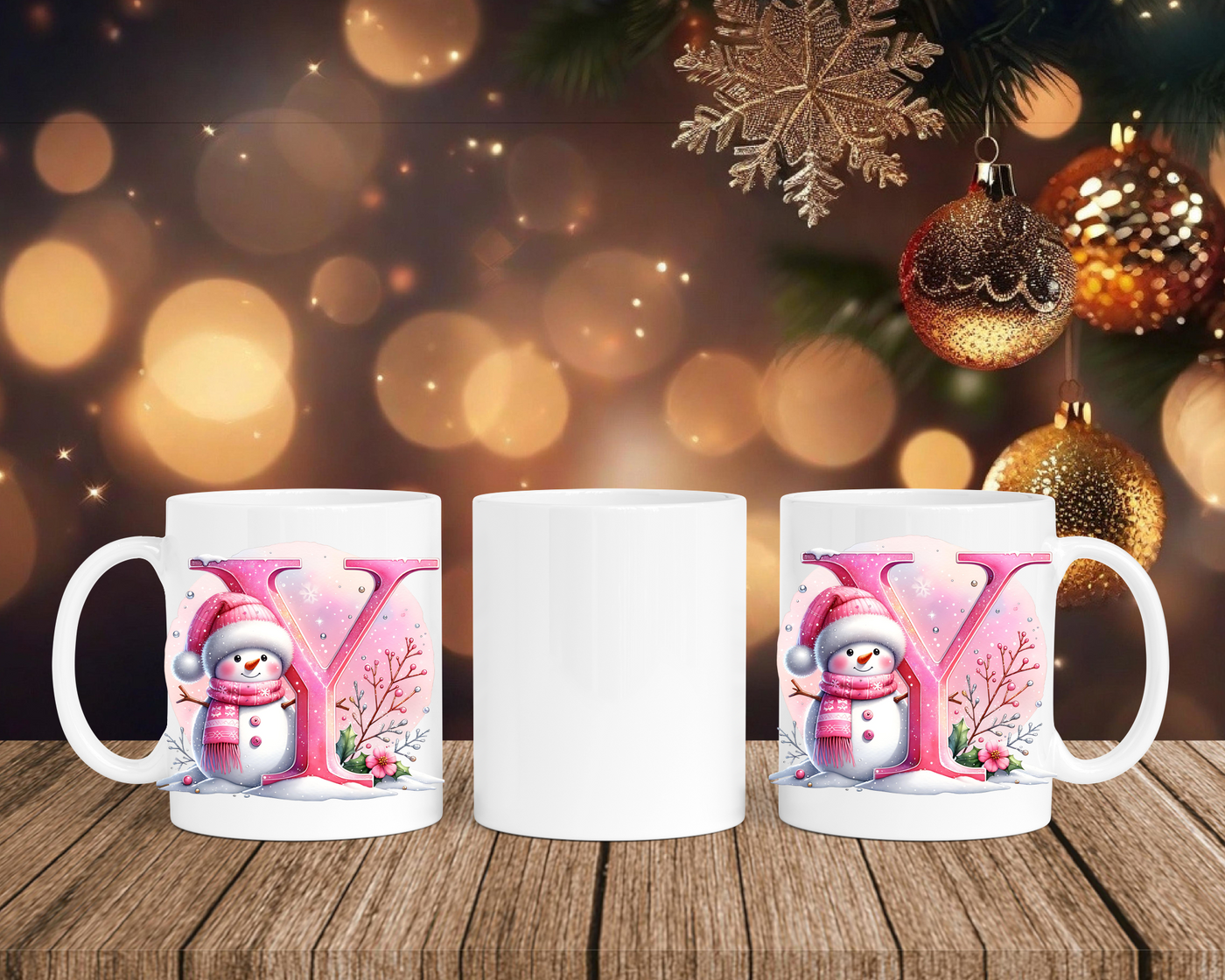Personalisierte Keramik-Tasse in Weiß-mit Schneemann Rosa-Alphabet & Namen
